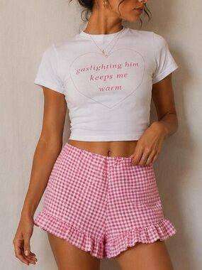 ASOS pink gingham white and pink ruffle shorts